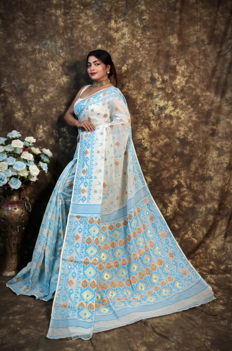 Shubhashini Allover Cream Blue Soft Jamdani Saree - Image 4