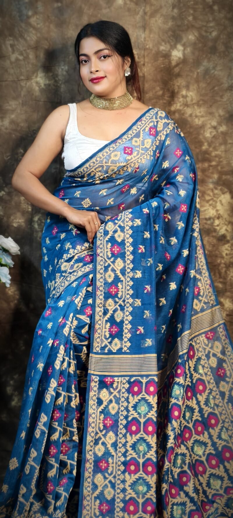 Shubhashini Allover Blue Soft Jamdani Saree - Image 2