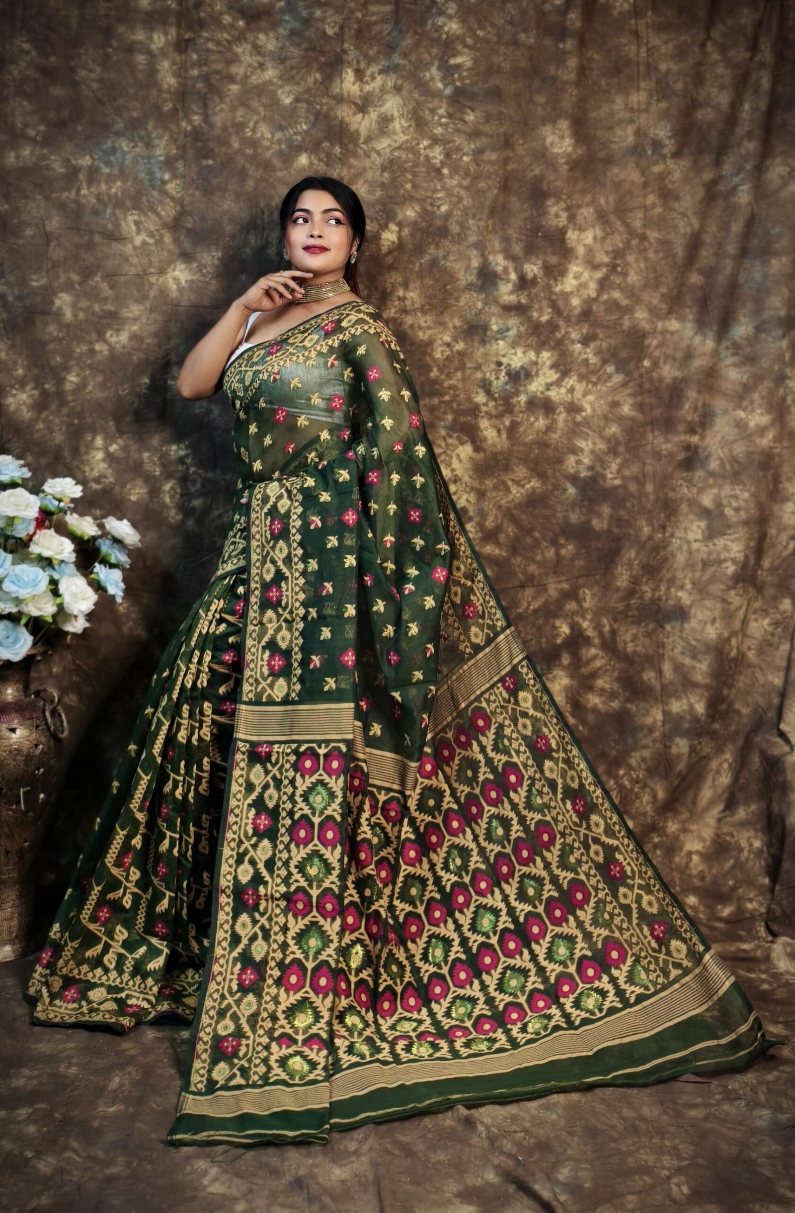Shubhashini Allover Bottol Green Soft Jamdani Saree - Image 4