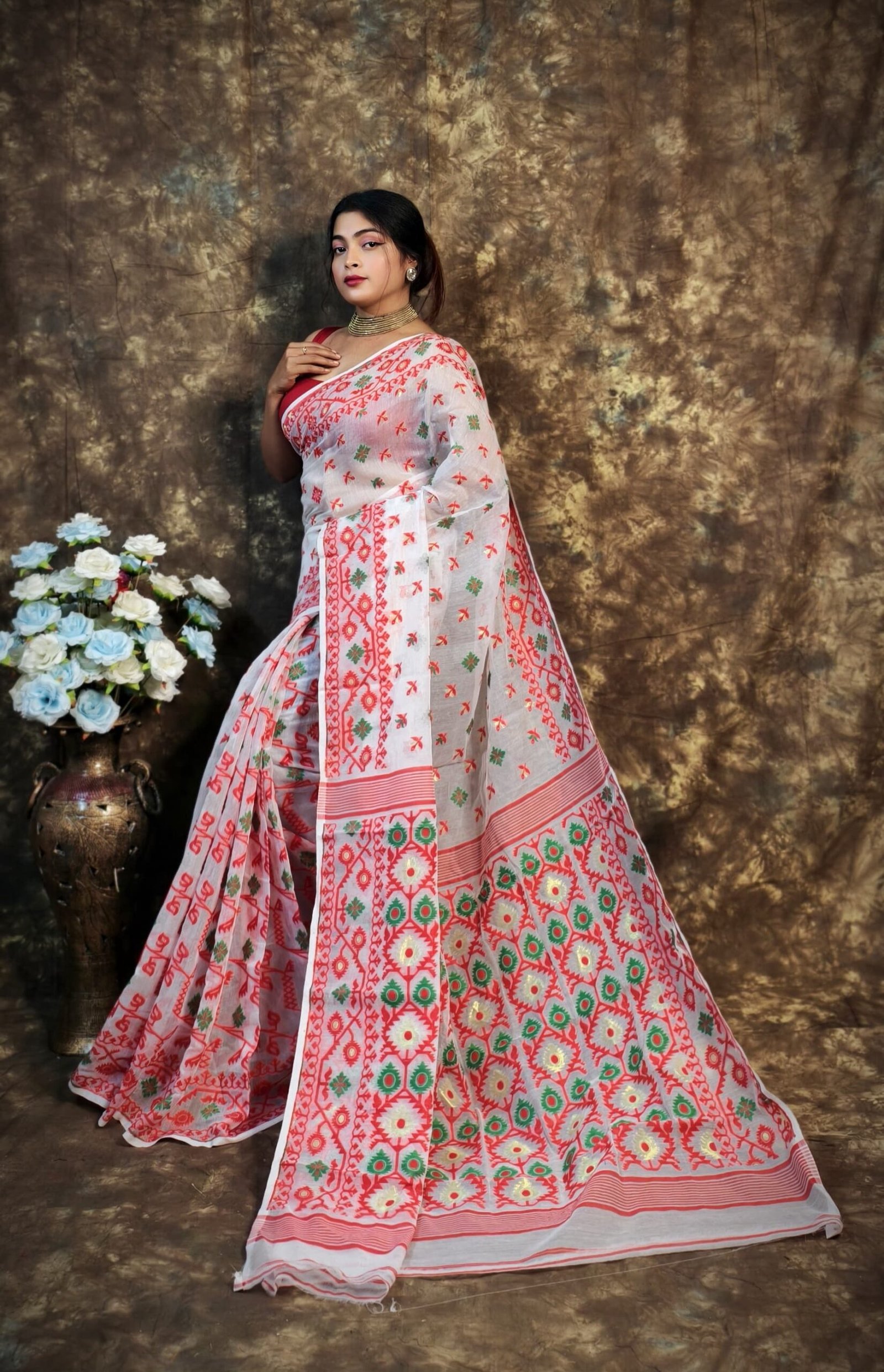 Shubhashini Allover White Red Soft Jamdani Saree - Image 4