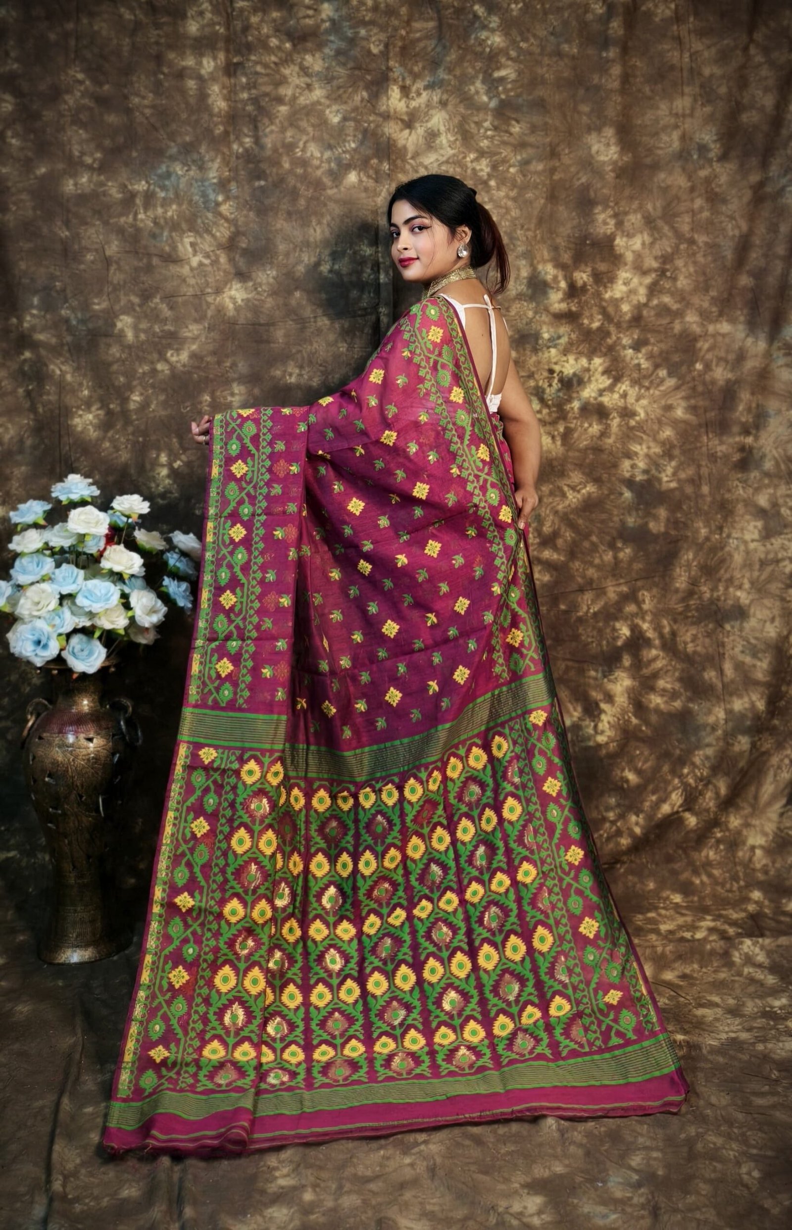 Shubhashini Allover Deep Wine Soft Jamdani Saree - Image 2