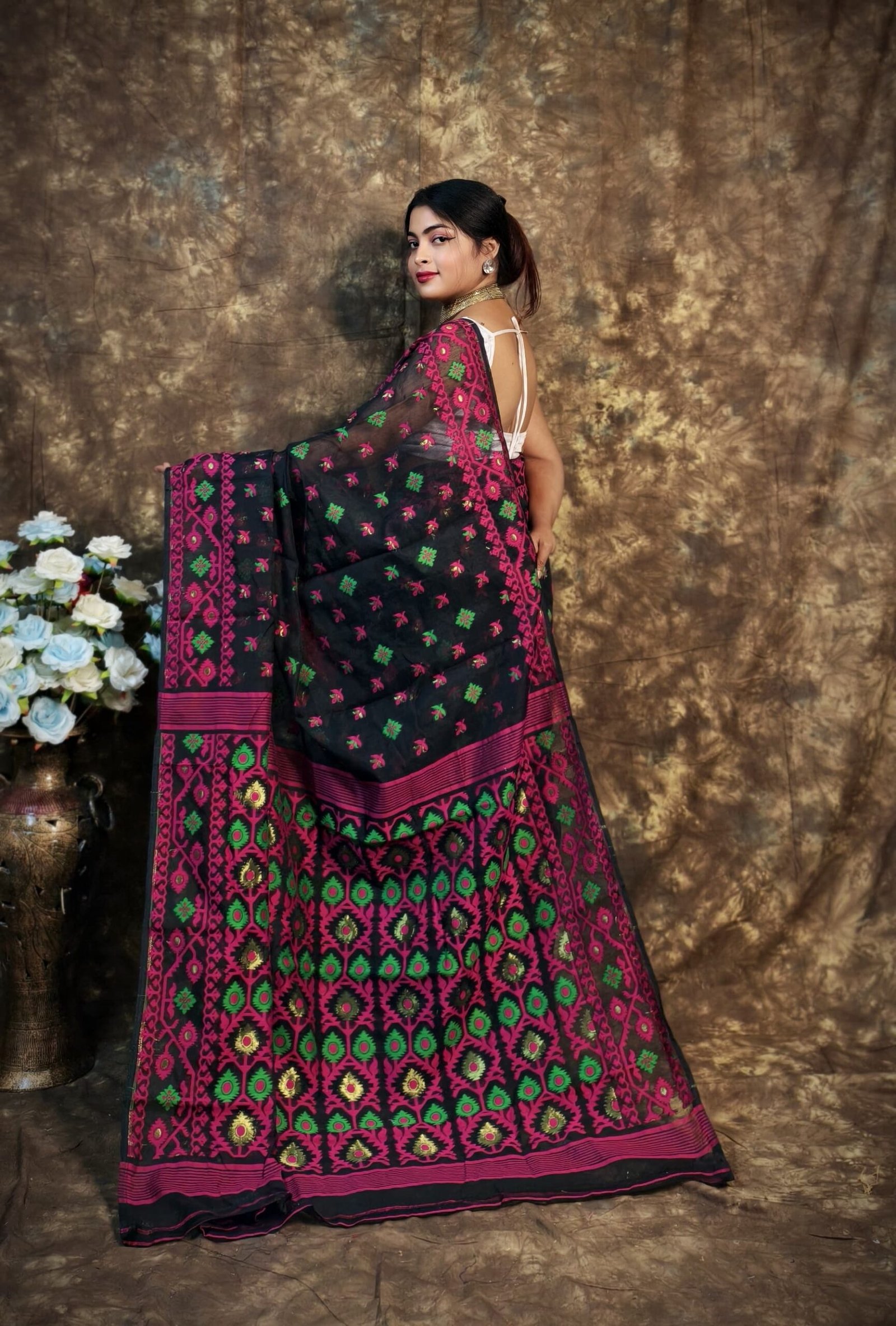 Shubhashini Allover Black Soft Jamdani Saree - Image 3
