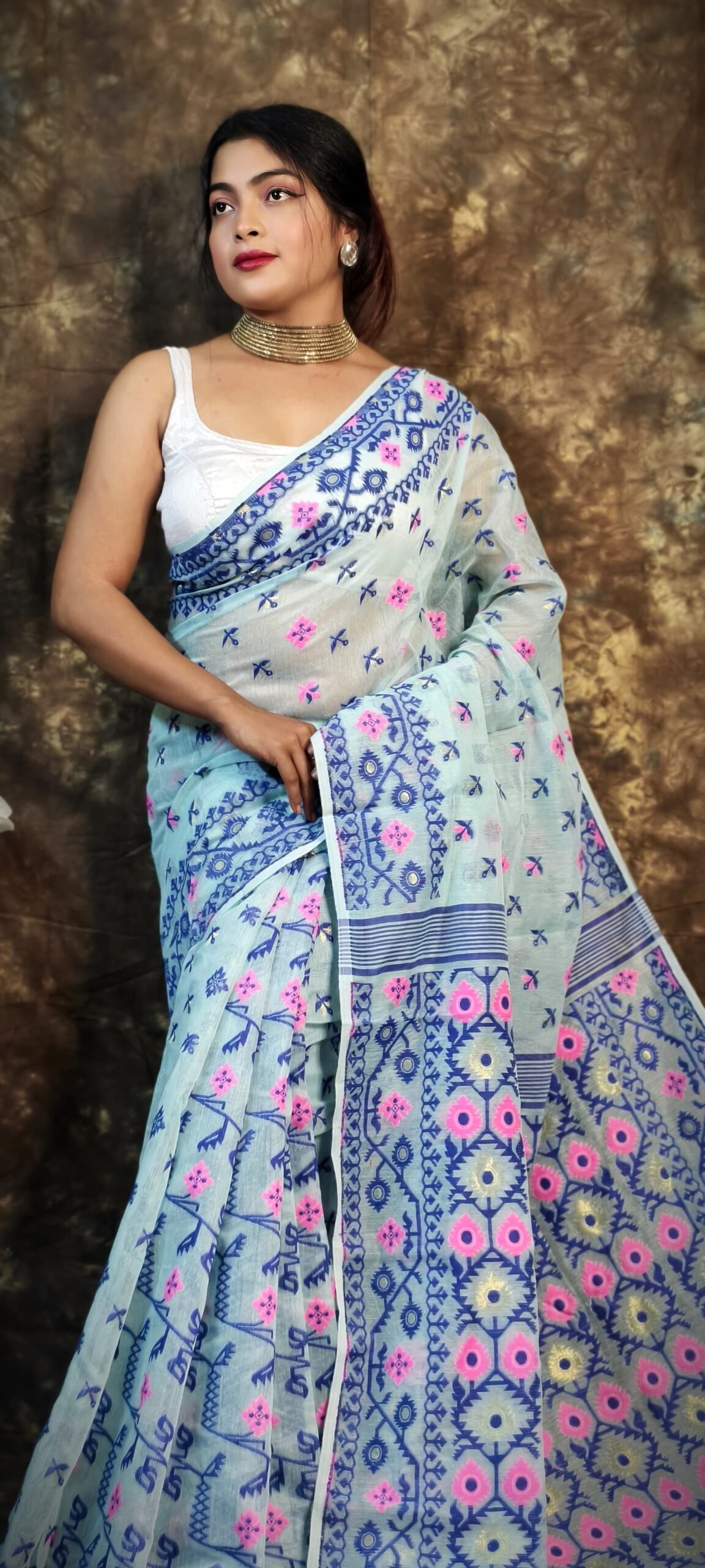Shubhashini Allover Light Teal Soft Jamdani Saree - Image 3