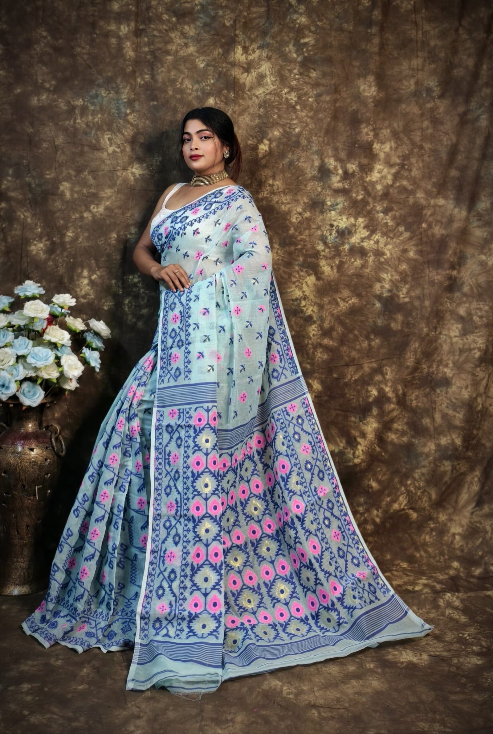 Shubhashini Allover Light Teal Soft Jamdani Saree - Image 4