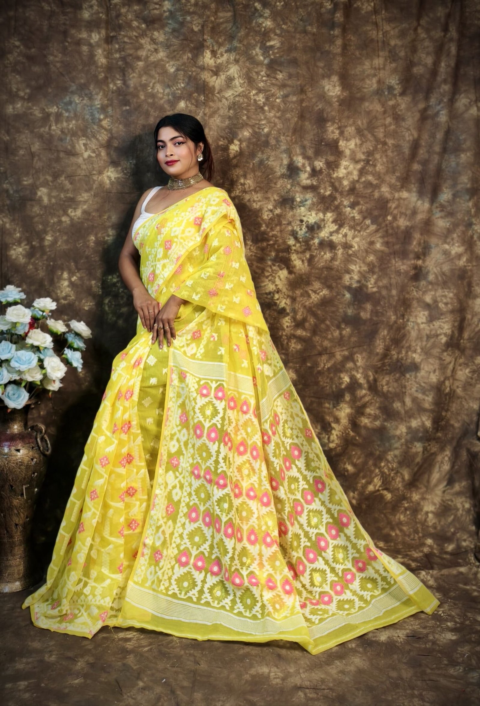 Shubhashini Allover Yellow Soft Jamdani Saree - Image 3