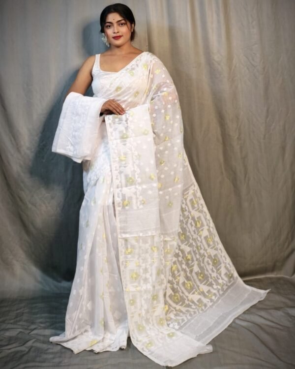 Nrittanjoli Allover White Soft Jamdani Saree