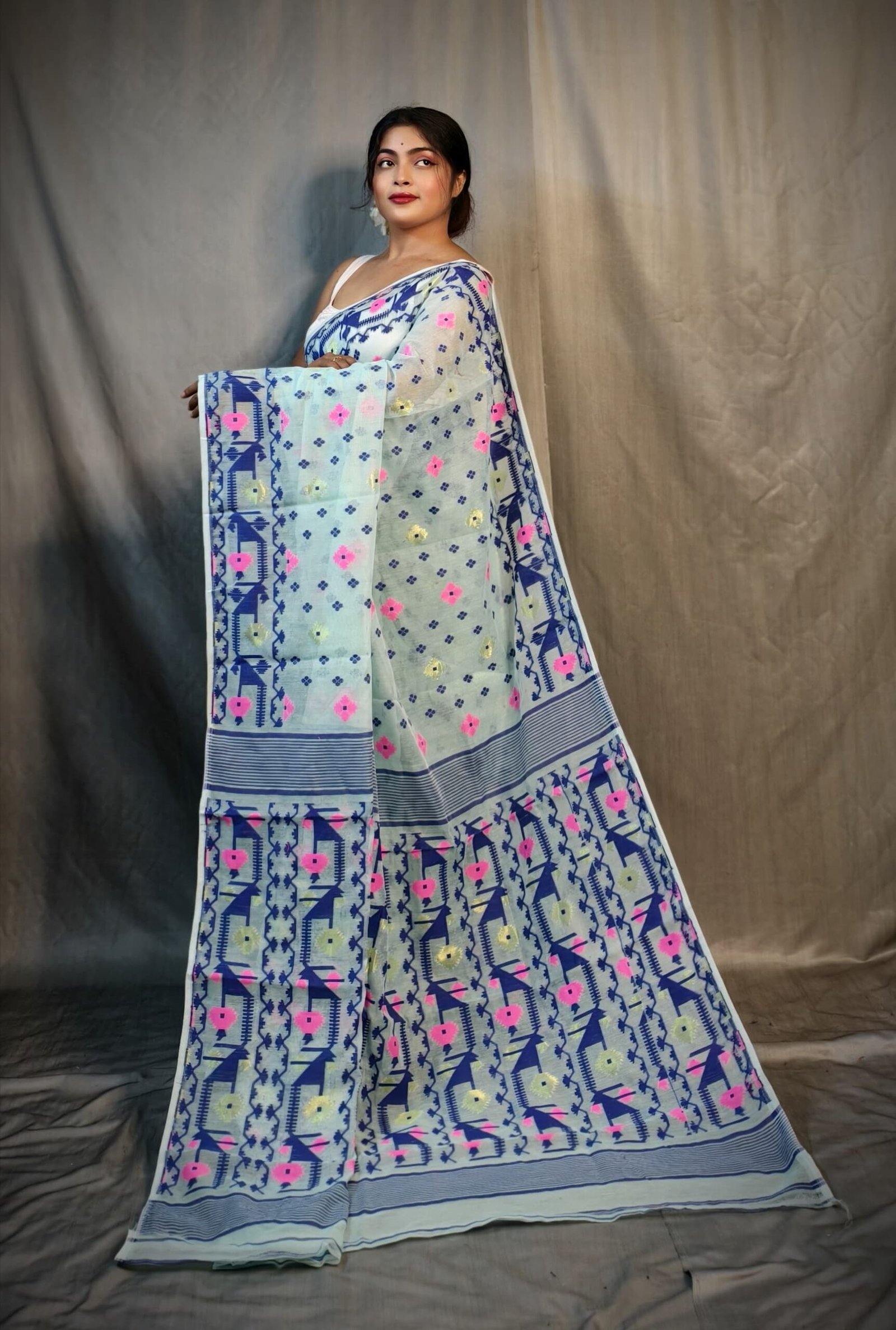 Nrittanjoli Allover Light Teal Soft Jamdani Saree - Image 4