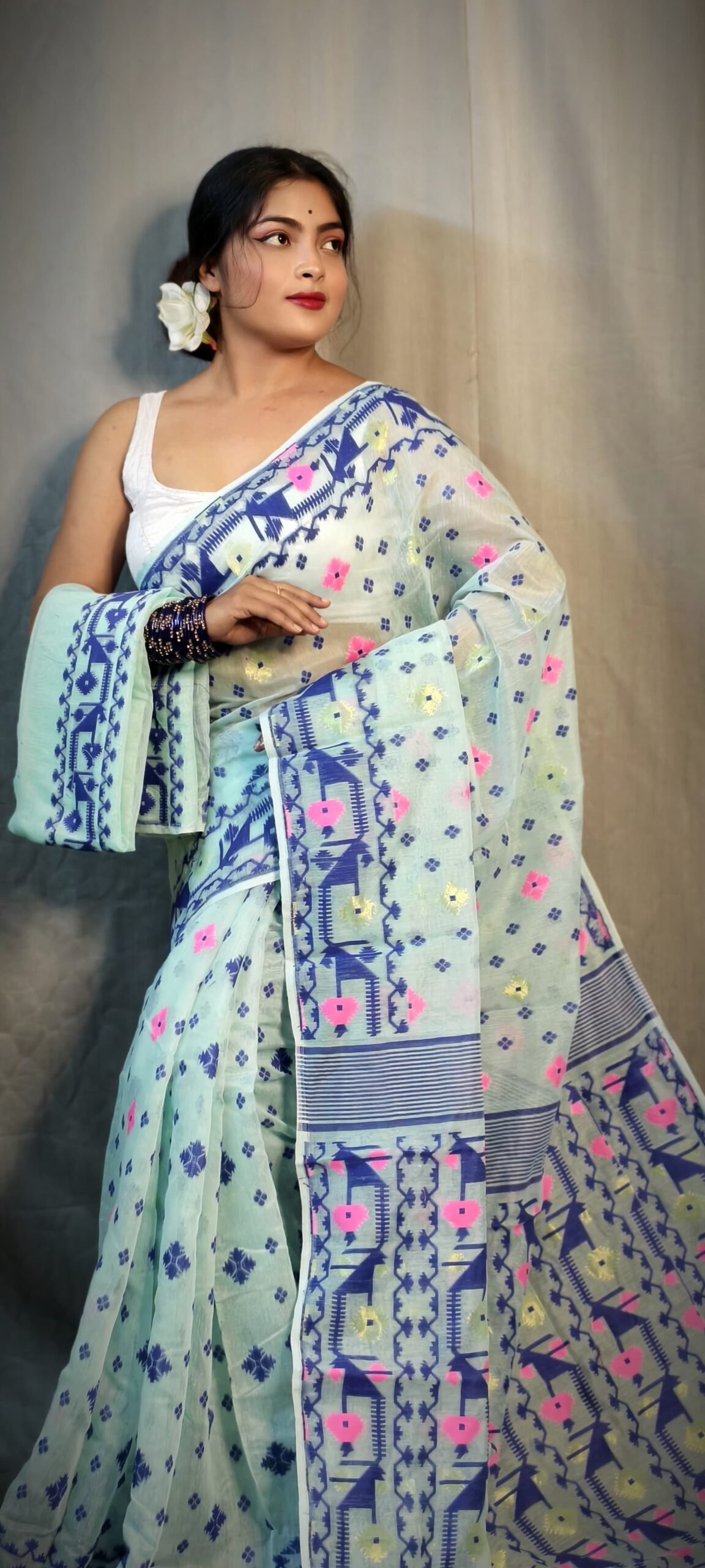 Nrittanjoli Allover Light Teal Soft Jamdani Saree - Image 3