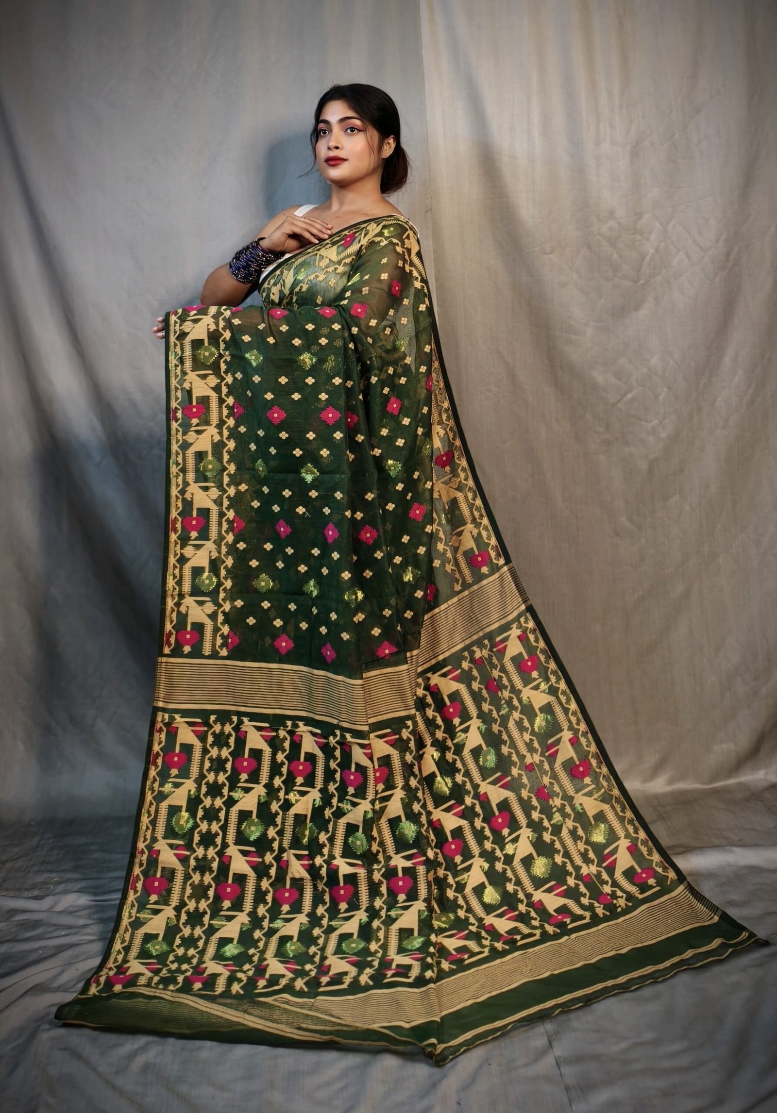 Nrittanjoli Allover Bottol Green Soft Jamdani Saree - Image 4