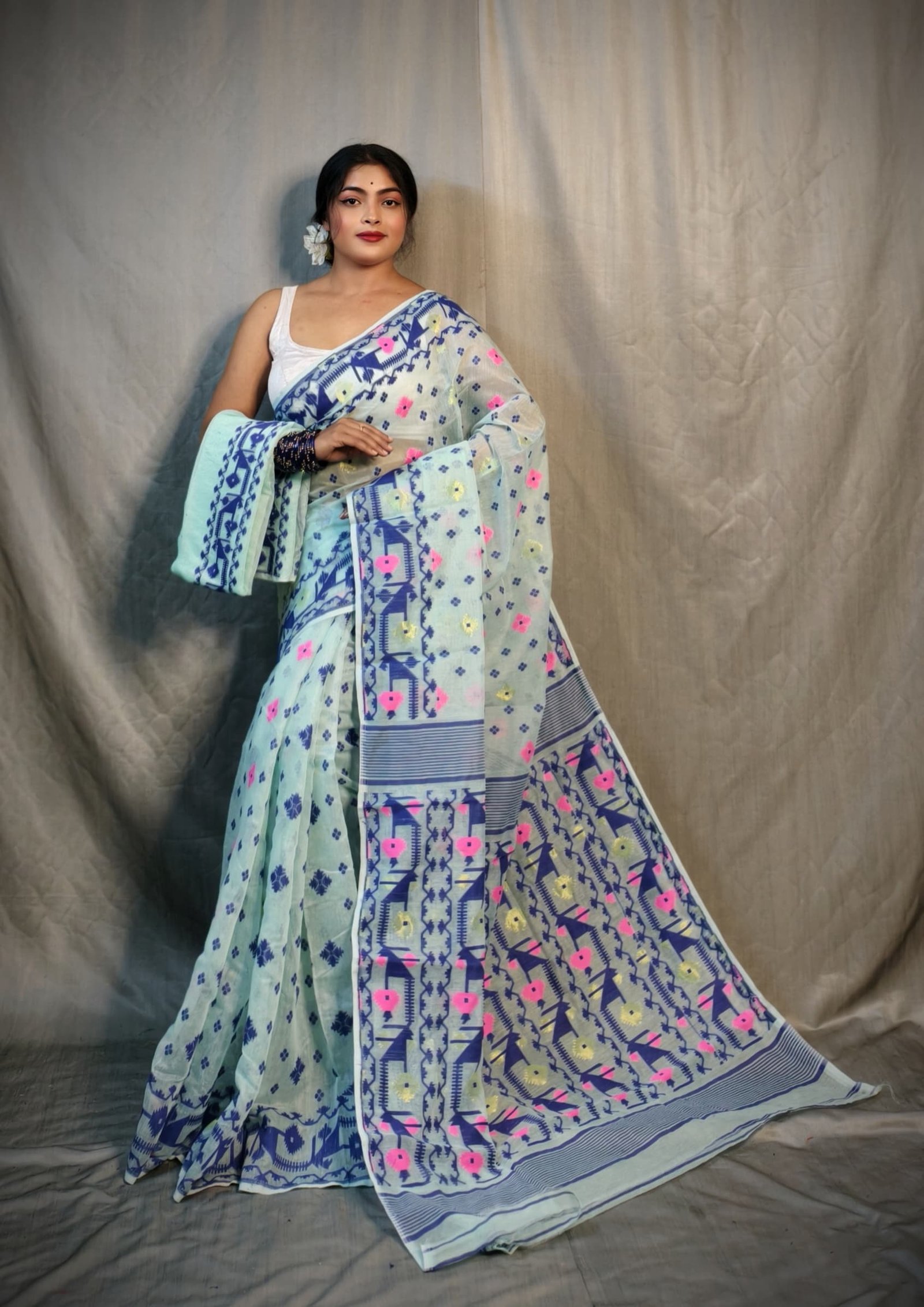 Nrittanjoli Allover Light Teal Soft Jamdani Saree