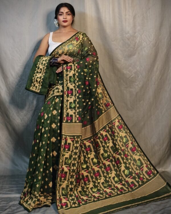 Nrittanjoli Allover Bottol Green Soft Jamdani Saree