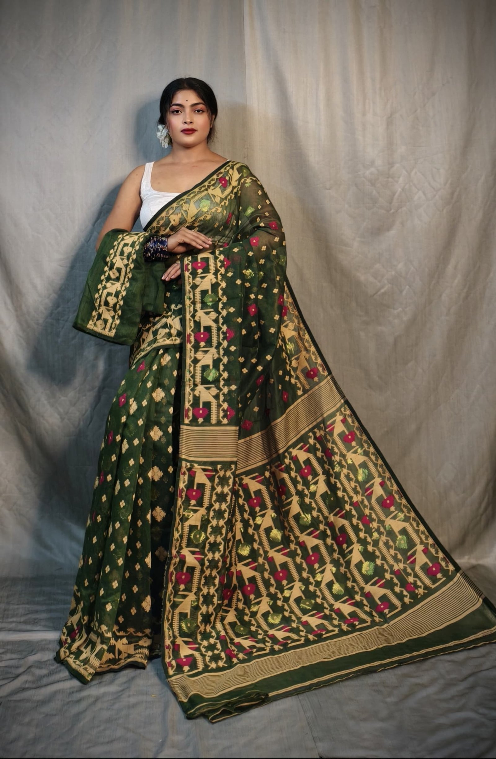 Nrittanjoli Allover Bottol Green Soft Jamdani Saree