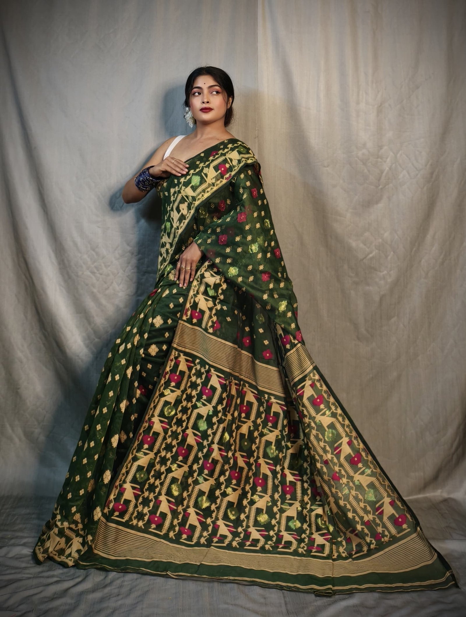 Nrittanjoli Allover Bottol Green Soft Jamdani Saree - Image 3