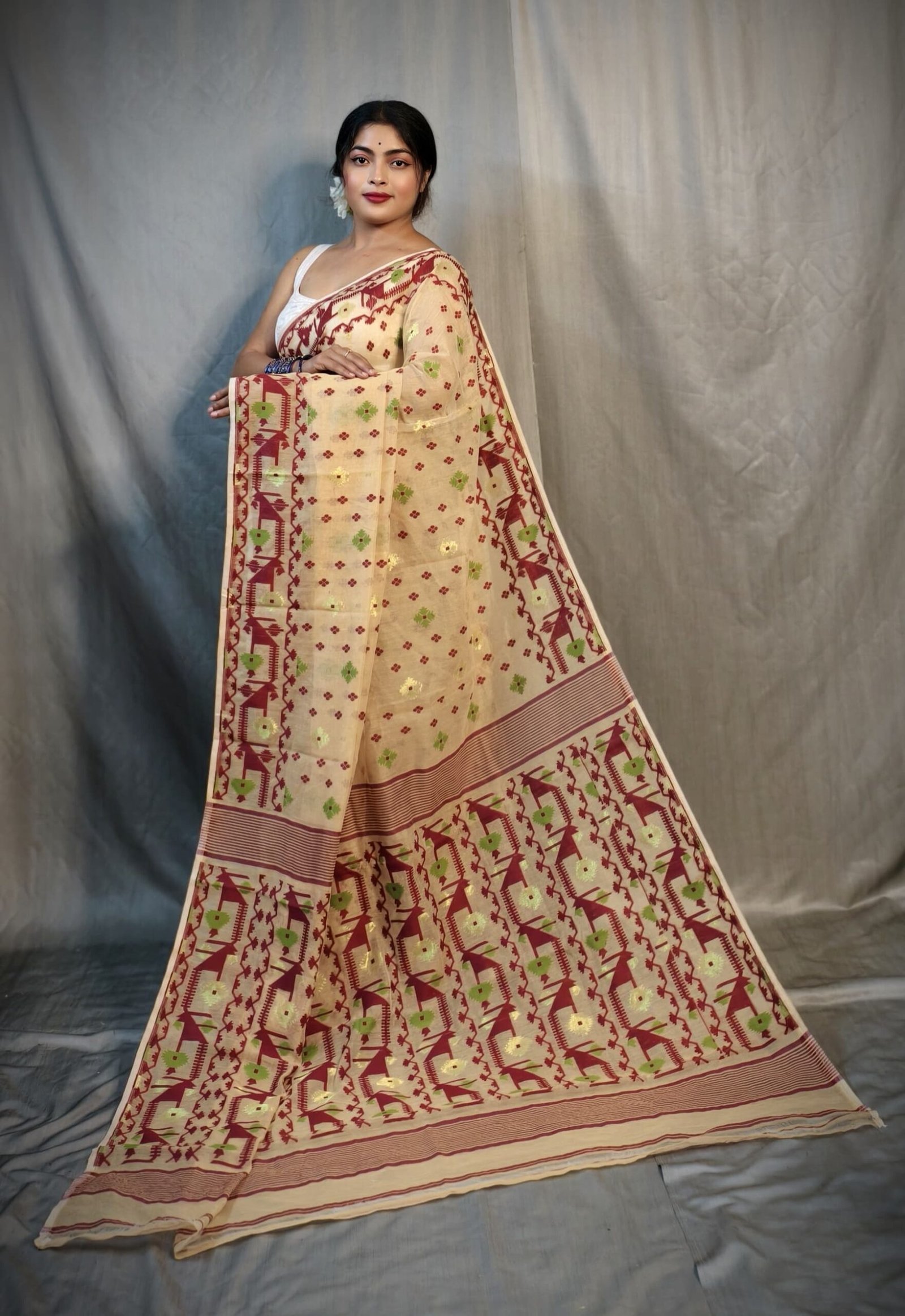 Nrittanjoli Allover Light Cream Soft Jamdani Saree - Image 4