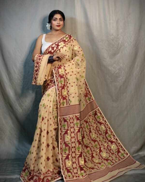 Nrittanjoli Allover Light Cream Soft Jamdani Saree