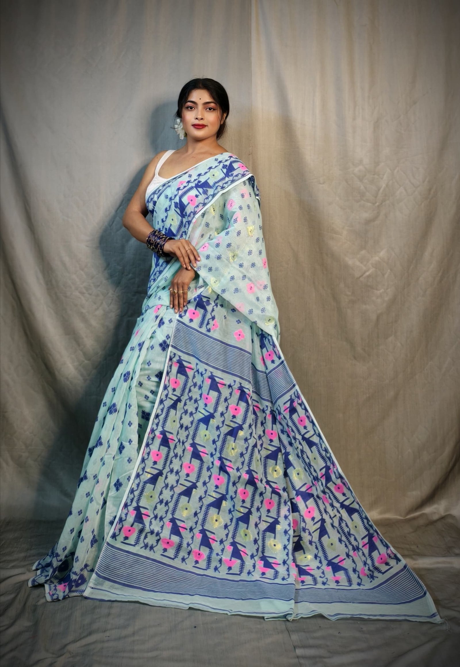 Nrittanjoli Allover Light Teal Soft Jamdani Saree - Image 2