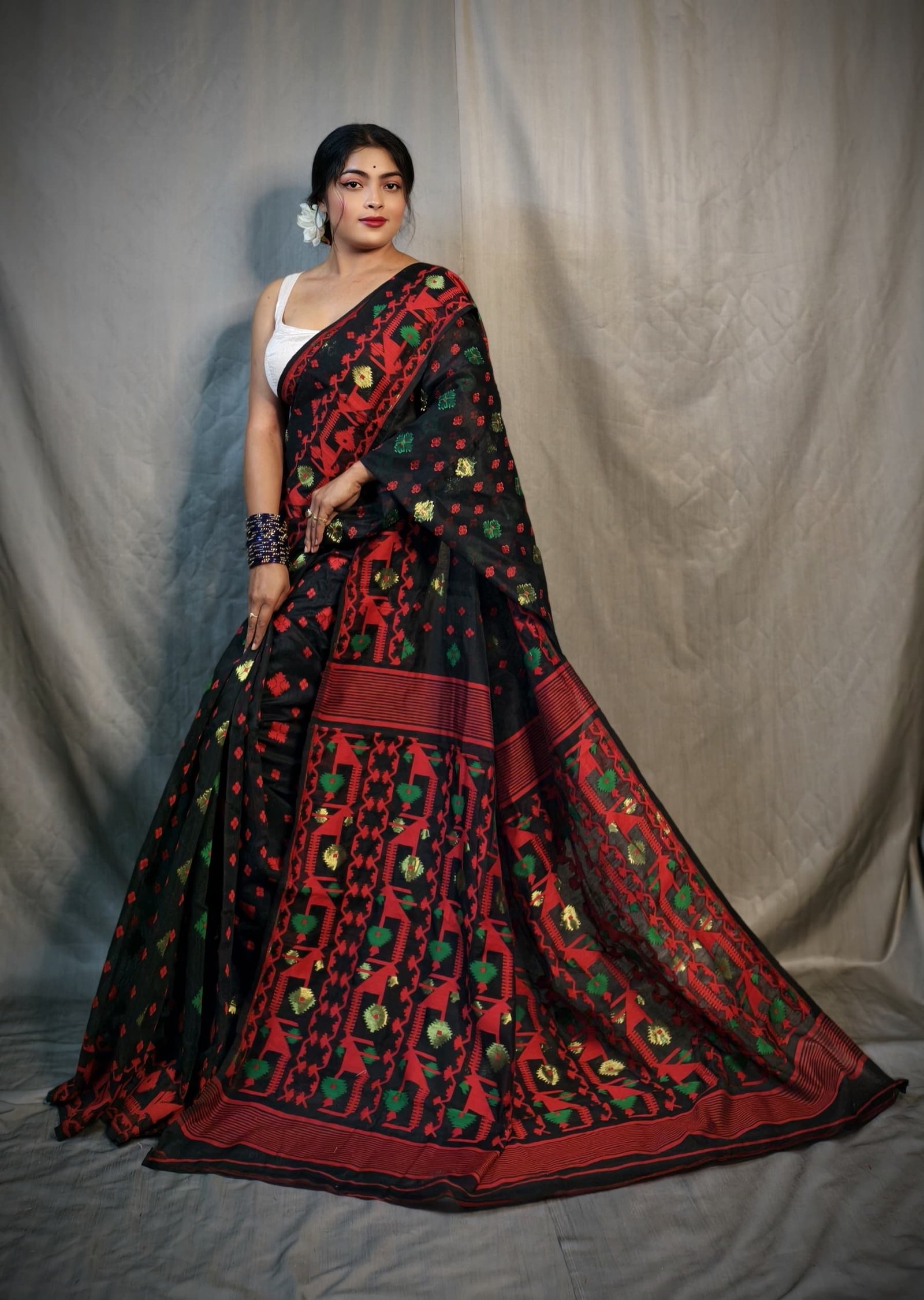 Nrittanjoli Allover Black Red Soft Jamdani Saree - Image 4