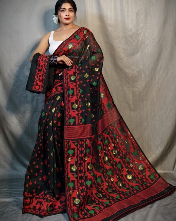 Nrittanjoli Allover Black Red Soft Jamdani Saree