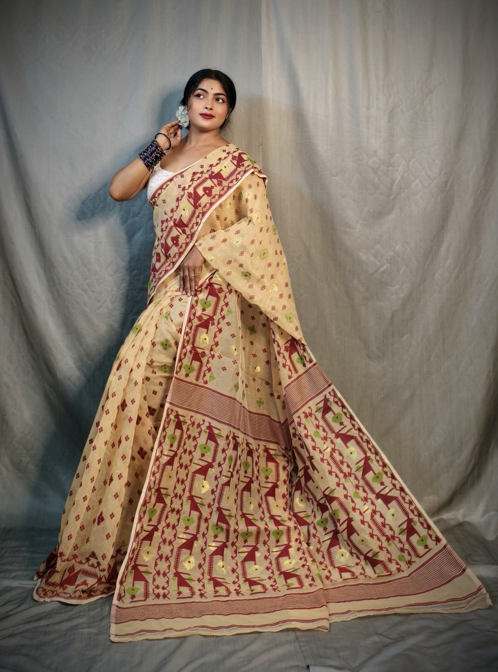 Nrittanjoli Allover Light Cream Soft Jamdani Saree - Image 3