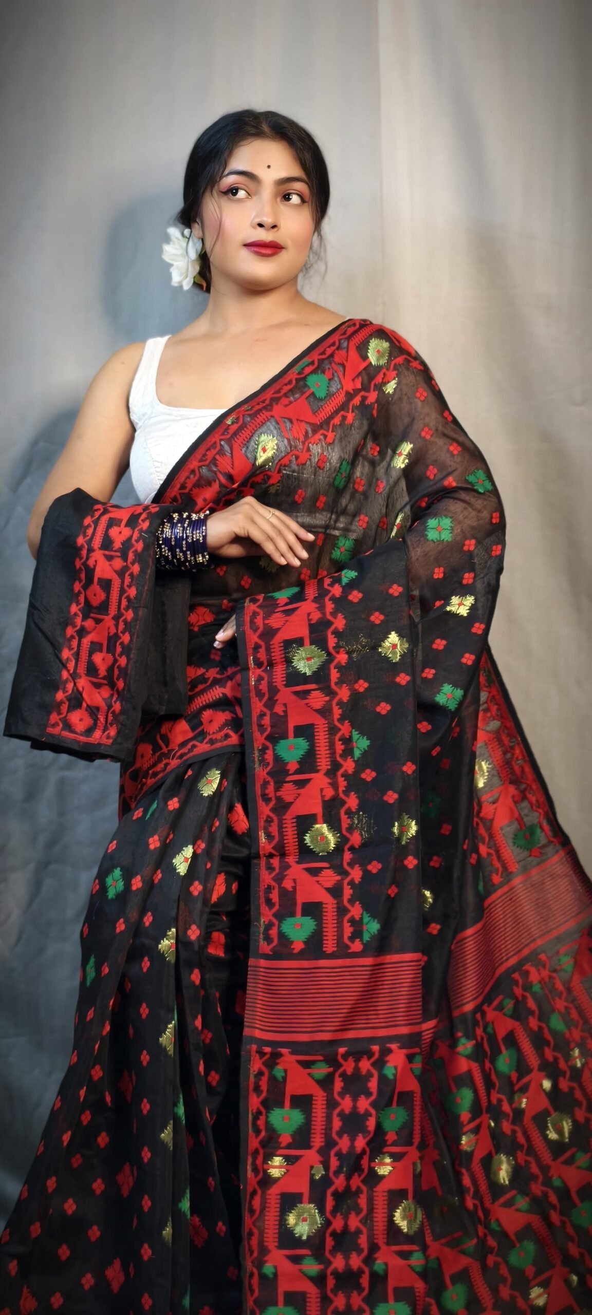 Nrittanjoli Allover Black Red Soft Jamdani Saree - Image 2