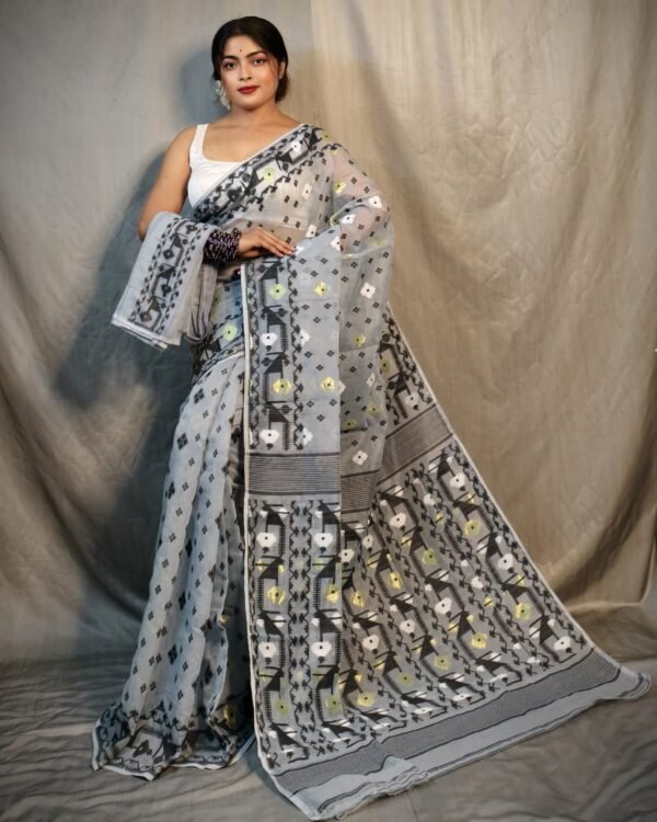 Nrittanjoli Allover Grey Soft Jamdani Saree