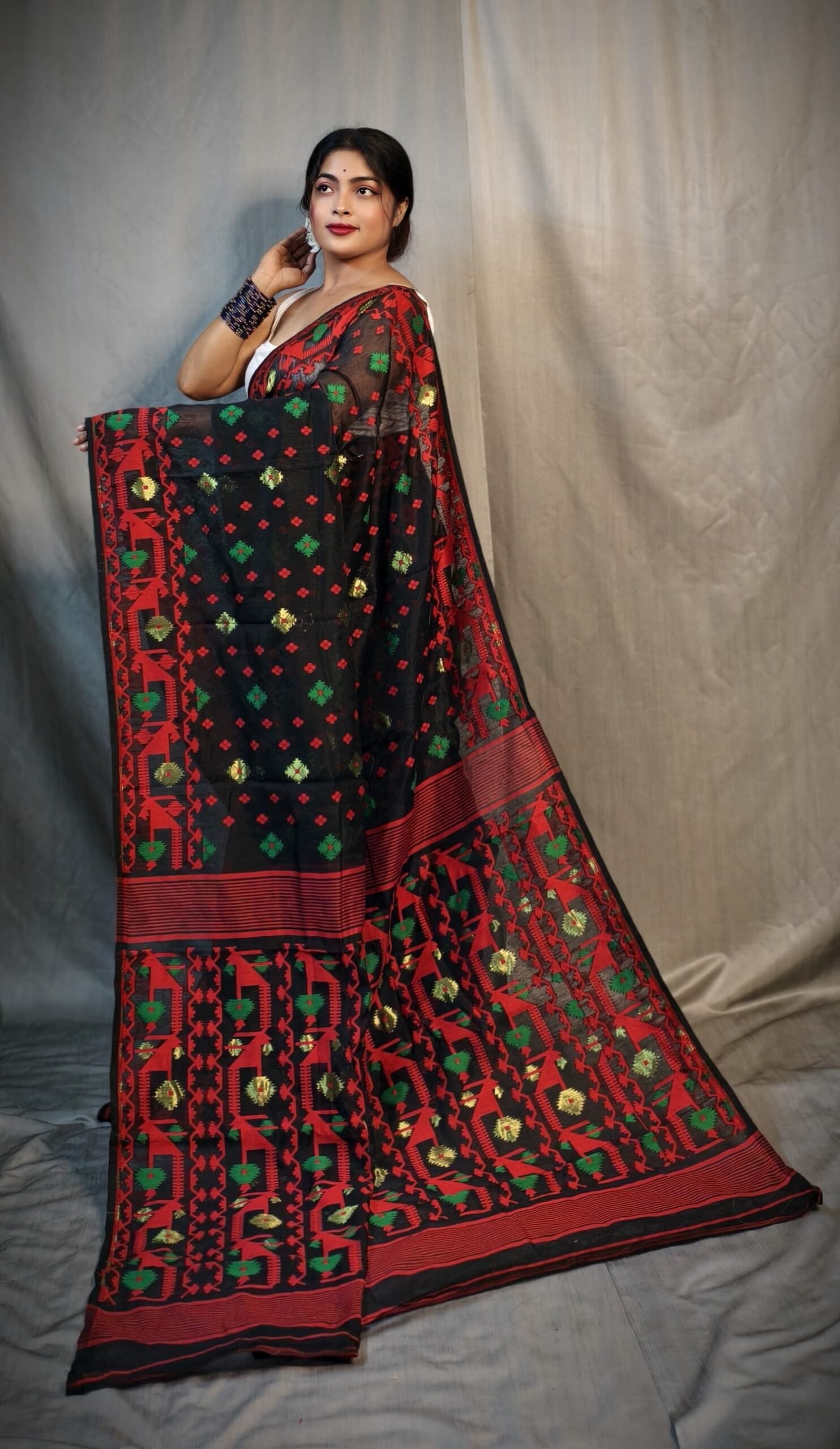 Nrittanjoli Allover Black Red Soft Jamdani Saree - Image 3