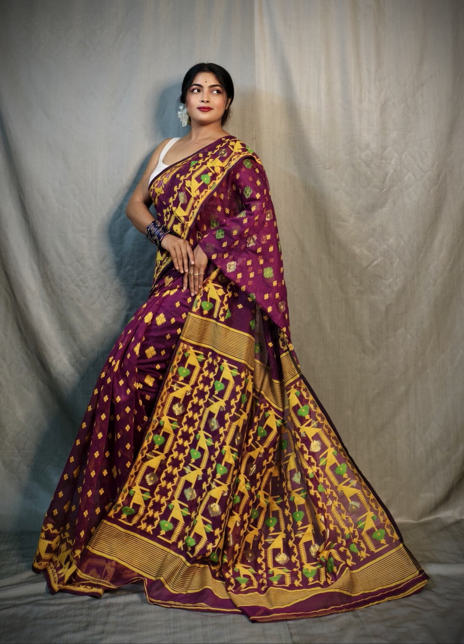 Nrittanjoli Allover Deep Wine Soft Jamdani Saree - Image 3