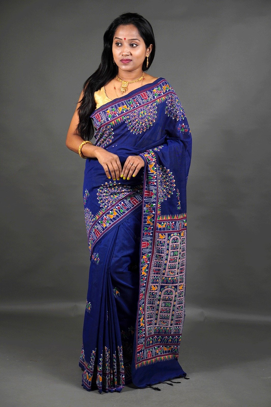 Madhubani Cotton Print Blue Soft Saree