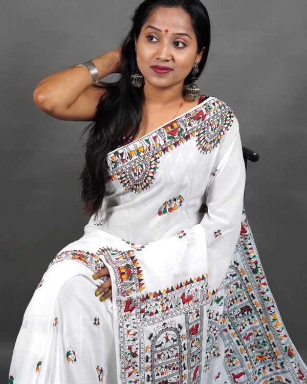 Madhubani Cotton Print White Soft Saree