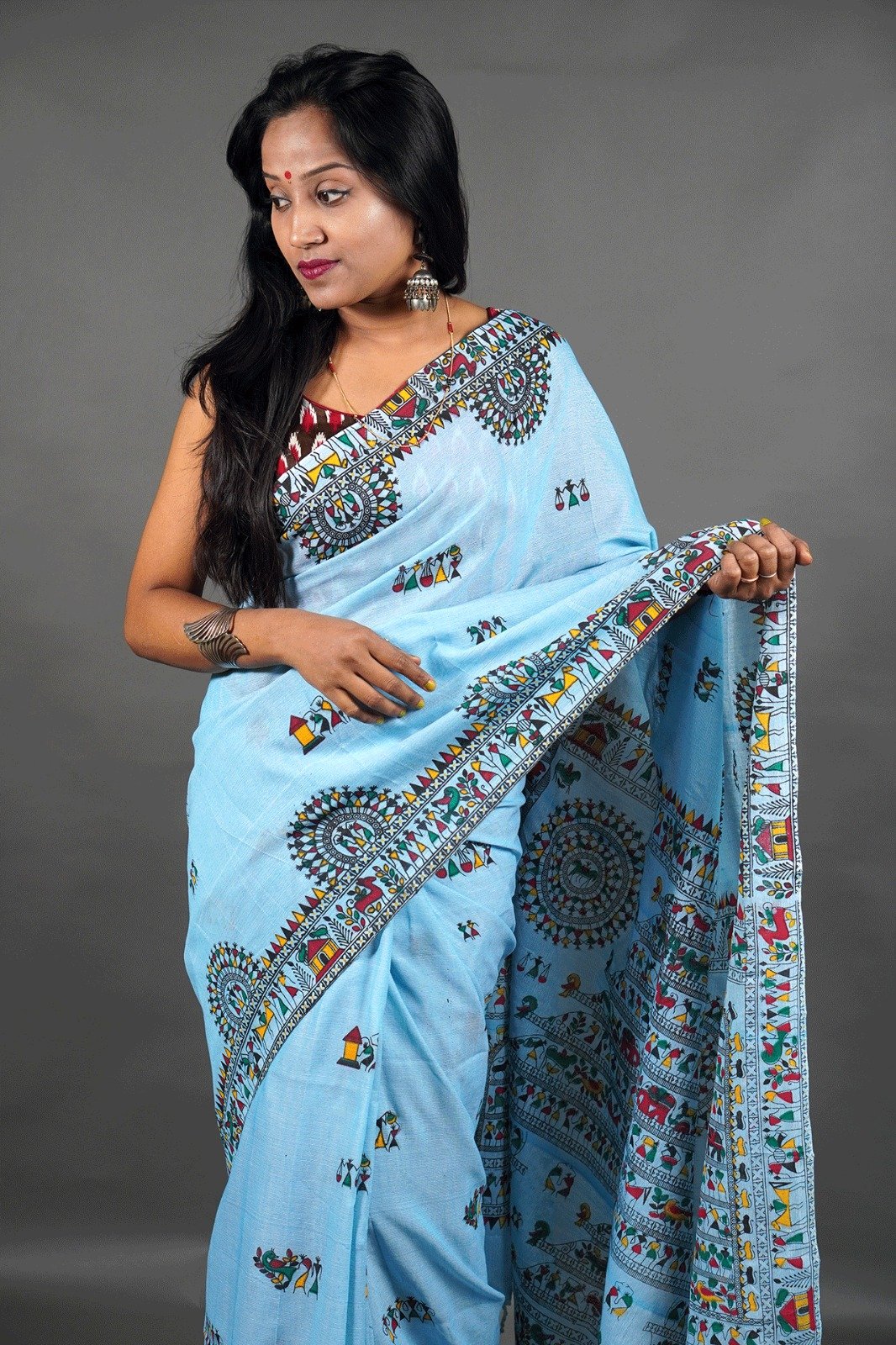 Madhubani Cotton Print Sky Blue Soft Saree