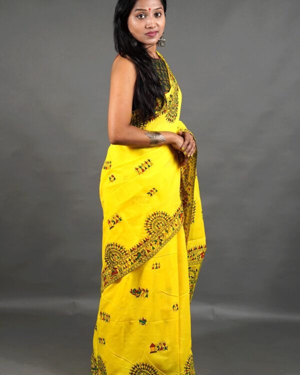 Madhubani Cotton Print Yellow Soft Saree
