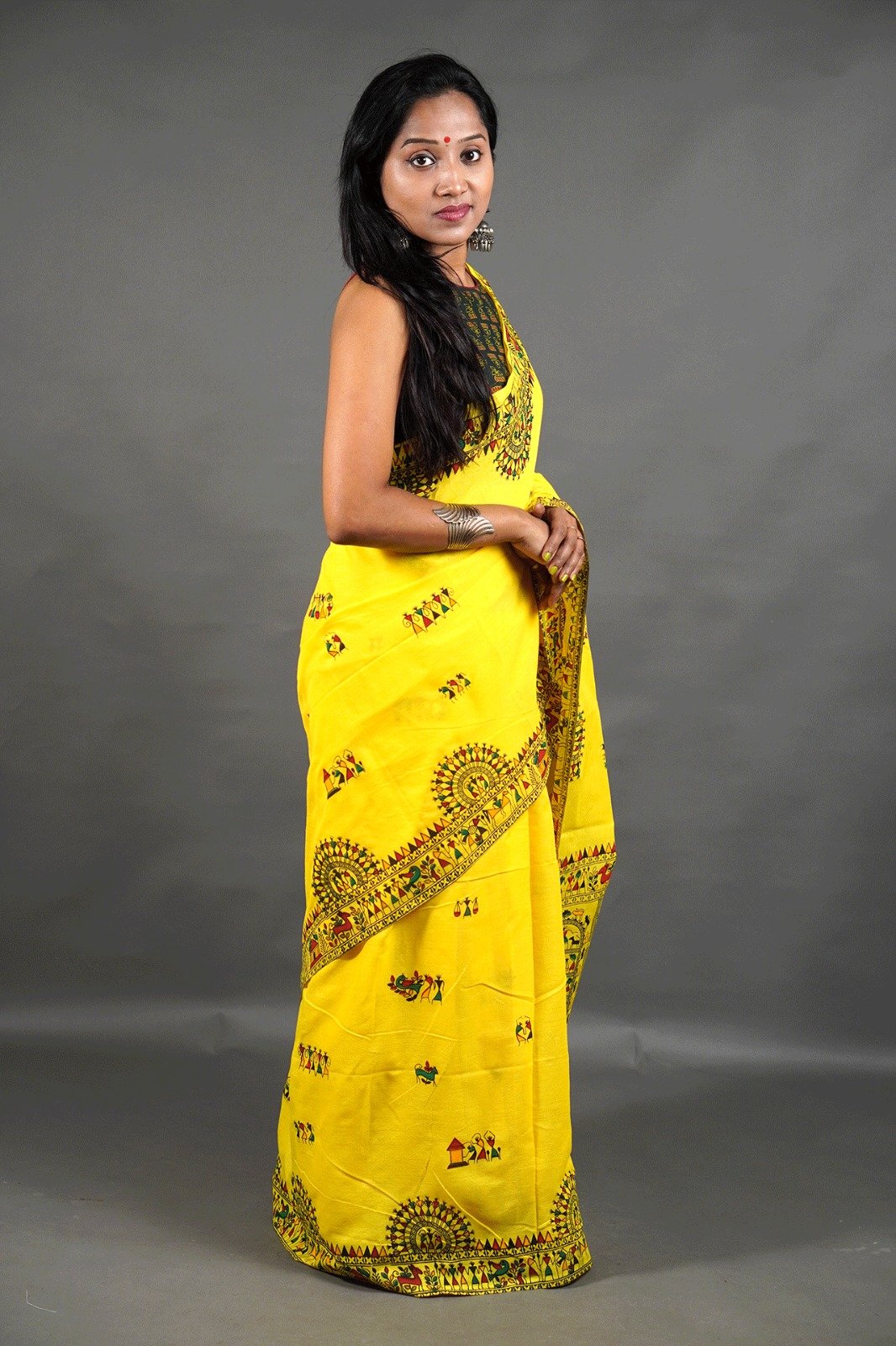 Madhubani Cotton Print Yellow Soft Saree