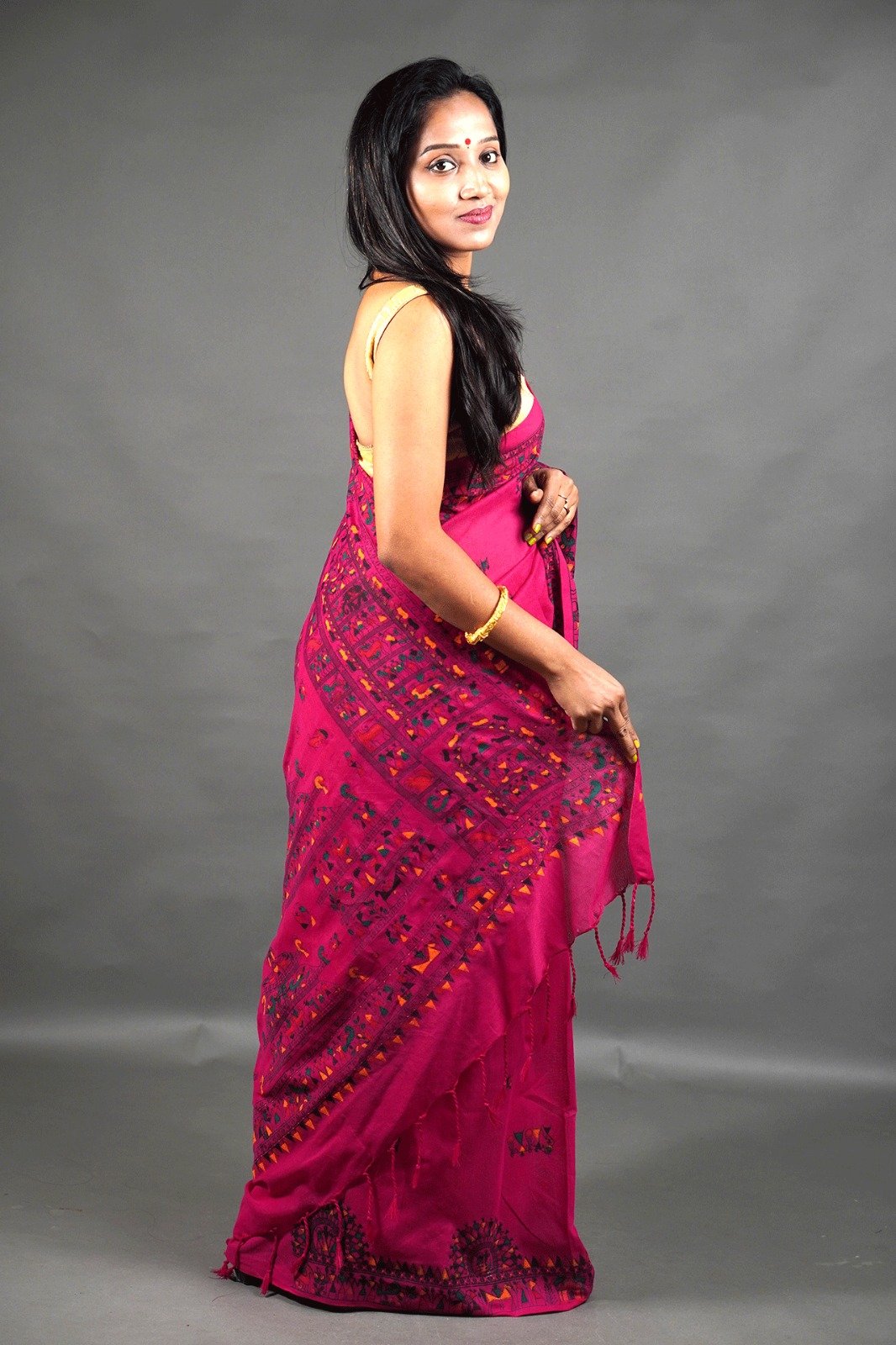 Madhubani Cotton Print Deep Pink Soft Saree