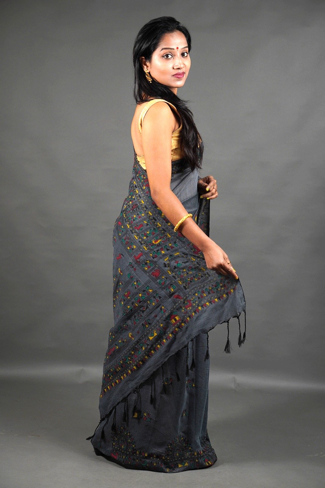 Madhubani Cotton Print Grey Soft Saree