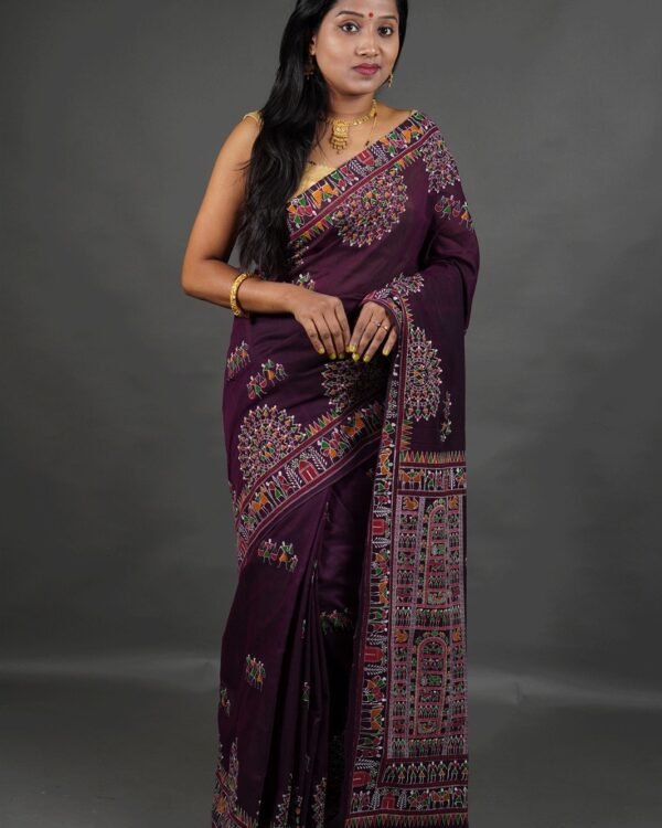 Madhubani Cotton Print Deep Wine Soft Saree