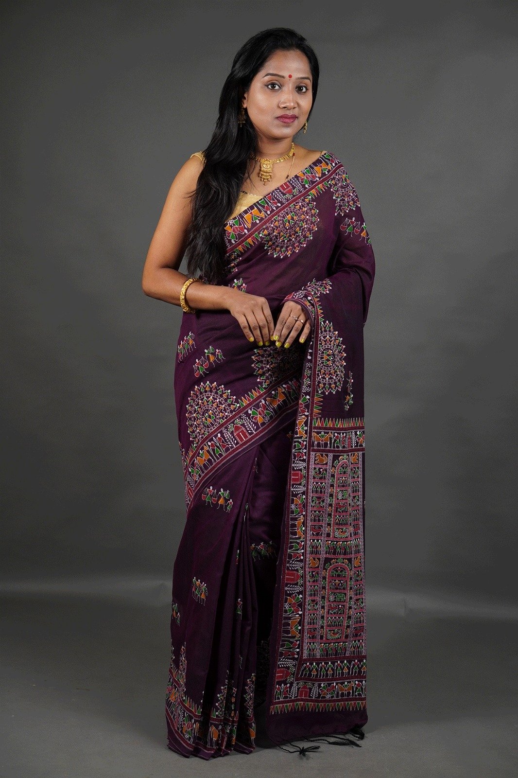 Madhubani Cotton Print Deep Wine Soft Saree
