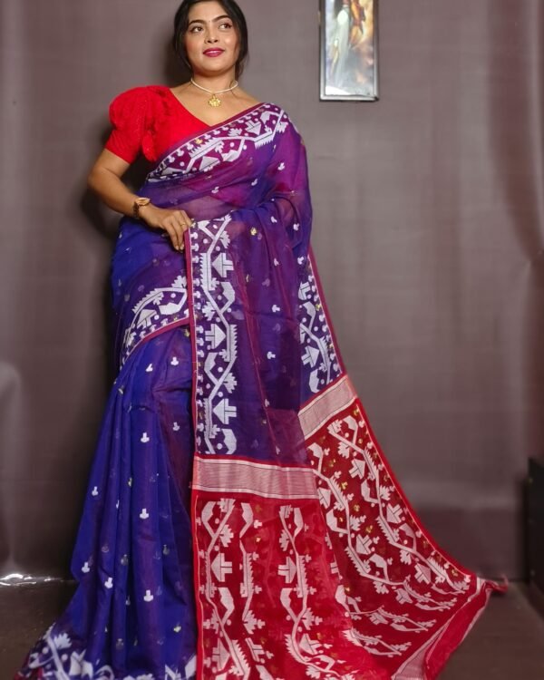 Mahuya Saree Tranding Red Blue Allover Jamdani Saree