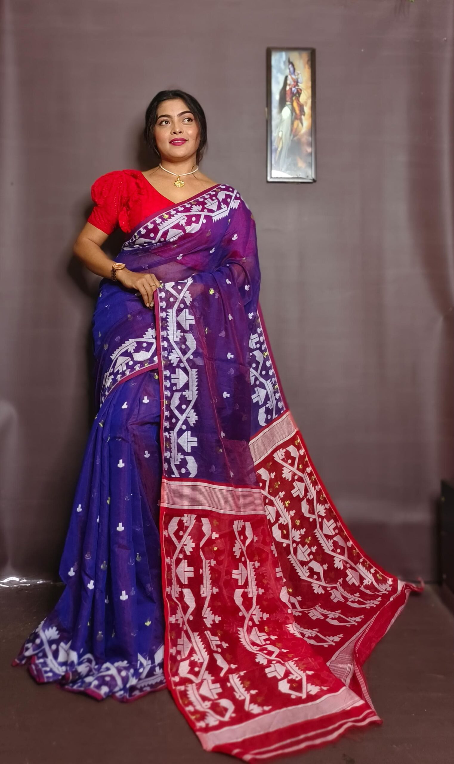 Mahuya Saree Tranding Red Blue Allover Jamdani Saree