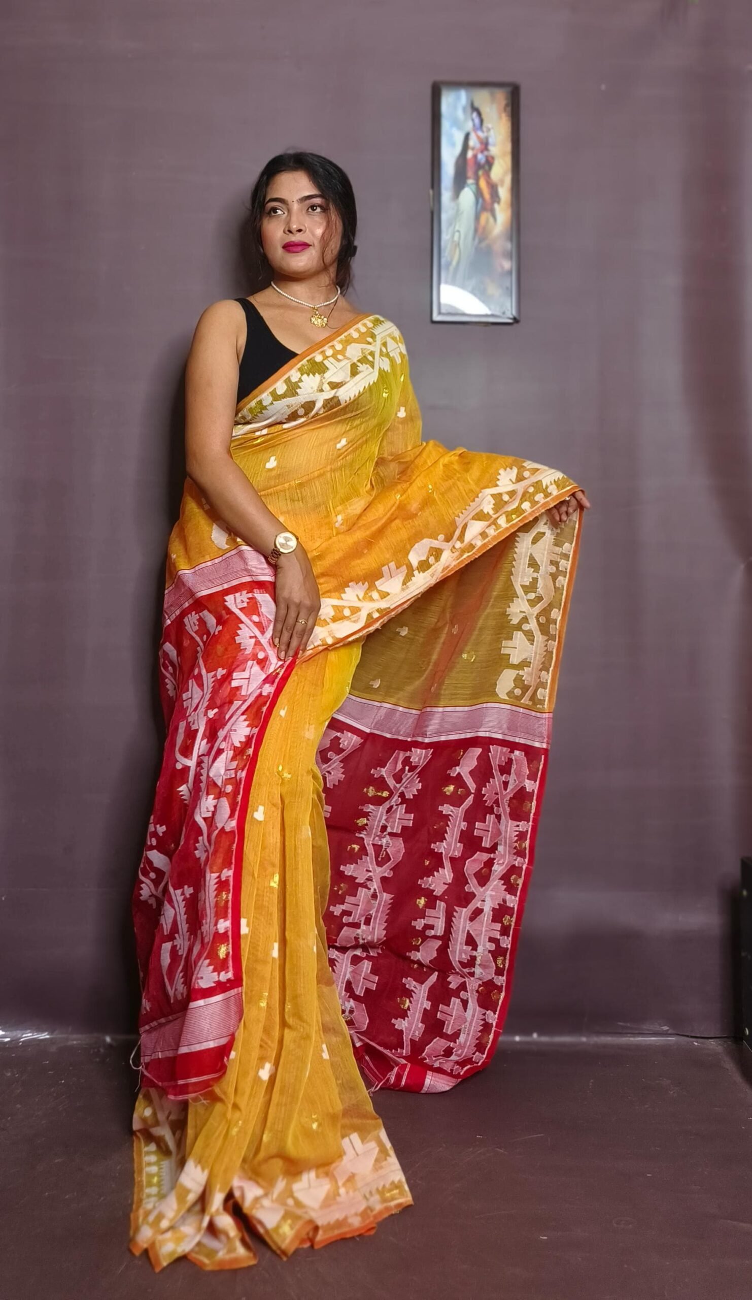 Mahuya Saree Tranding Red yellow Allover Jamdani Saree
