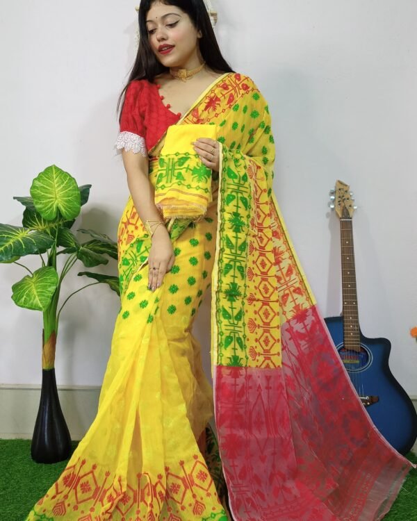 Fulljhuri Soft Yellow Red Jamdani Saree
