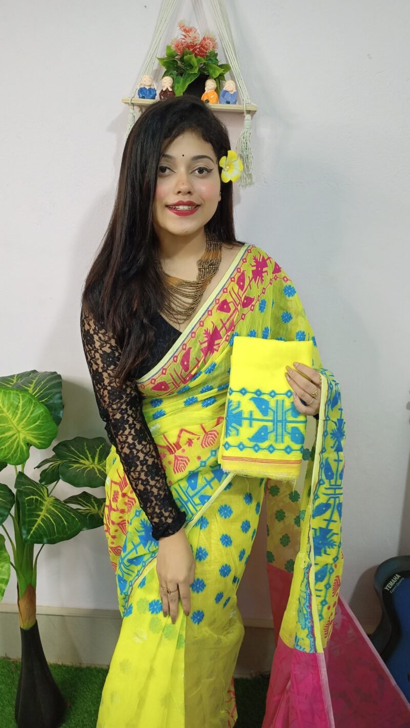 Fulljhuri Soft Lemmon Yellow Jamdani Saree - Image 2