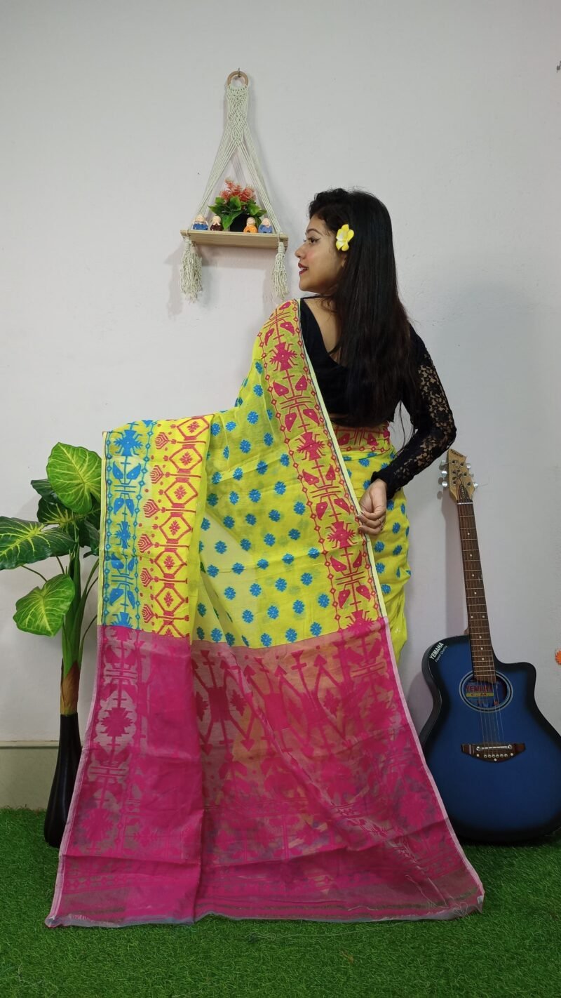 Fulljhuri Soft Lemmon Yellow Jamdani Saree - Image 3
