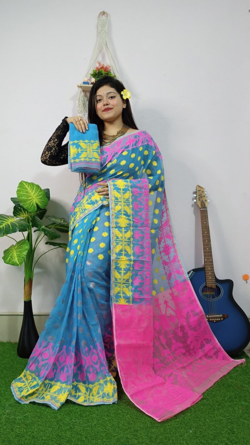Fulljhuri Soft Sky Blue Jamdani Saree - Image 3