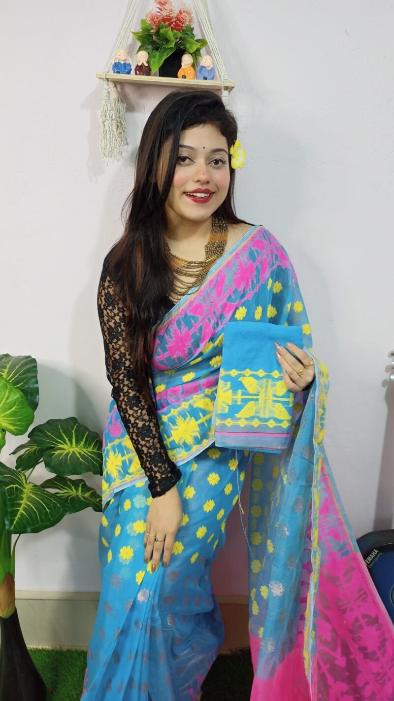 Fulljhuri Soft Sky Blue Jamdani Saree - Image 2