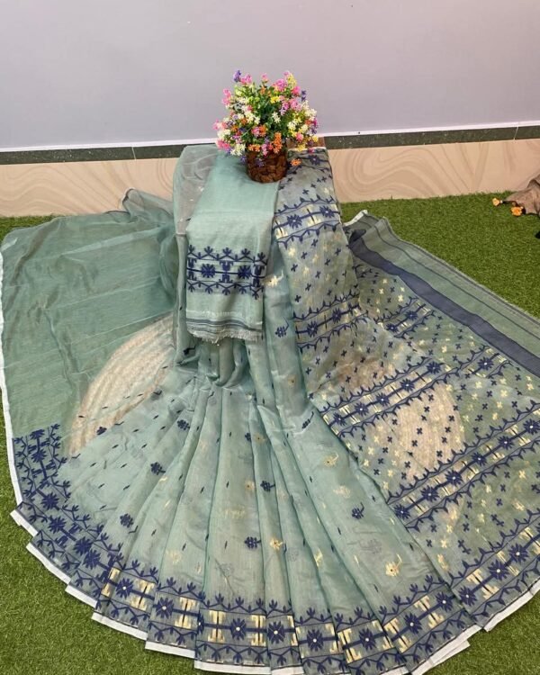 Nilanjona Soft Olive Blue Jamdani Saree
