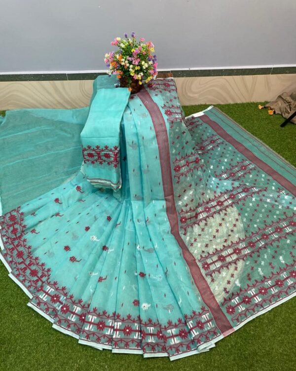 Nilanjona Soft Turquoise Jamdani Saree