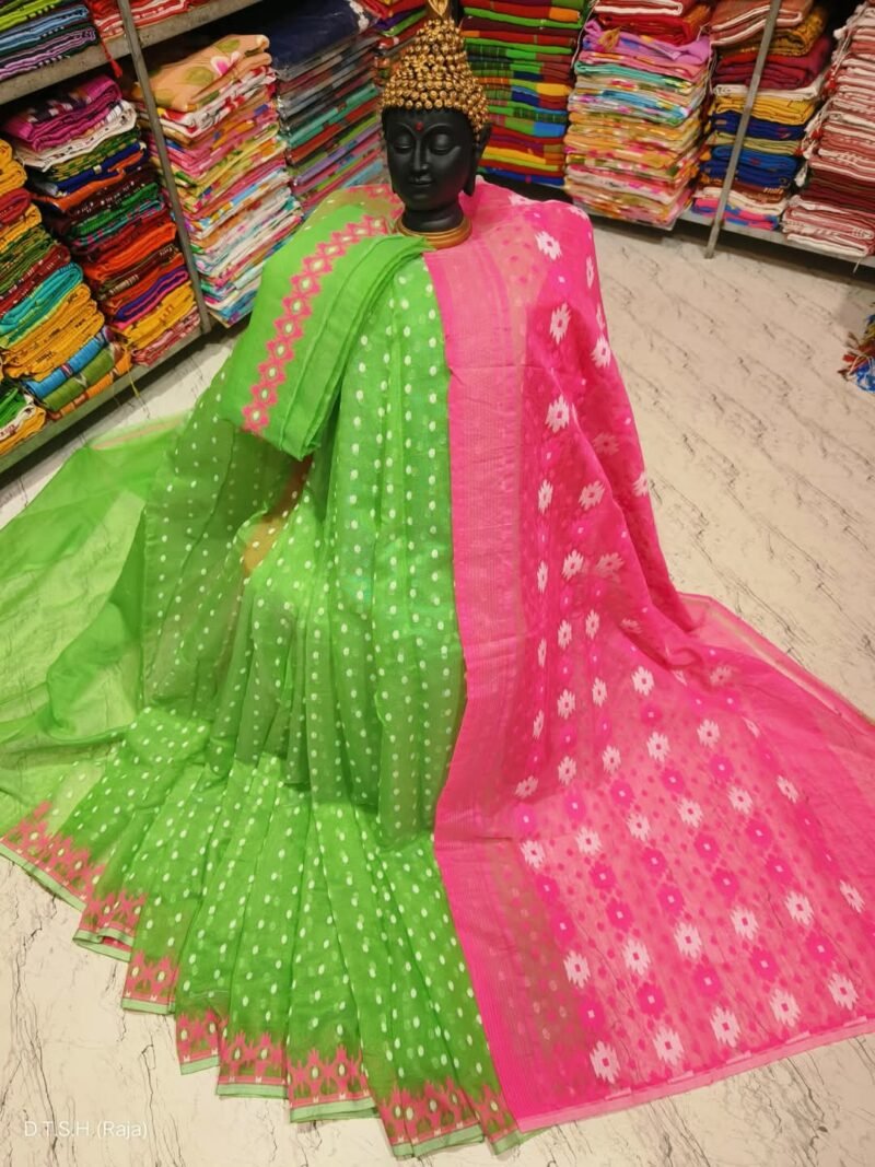 Rupnila Soft Green Pink Jamdani Saree