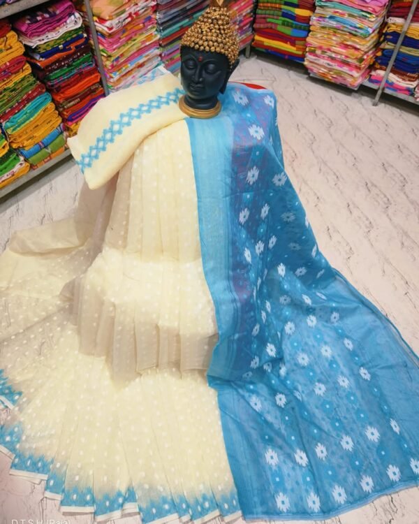 Rupnila Soft Cream Blue Jamdani Saree