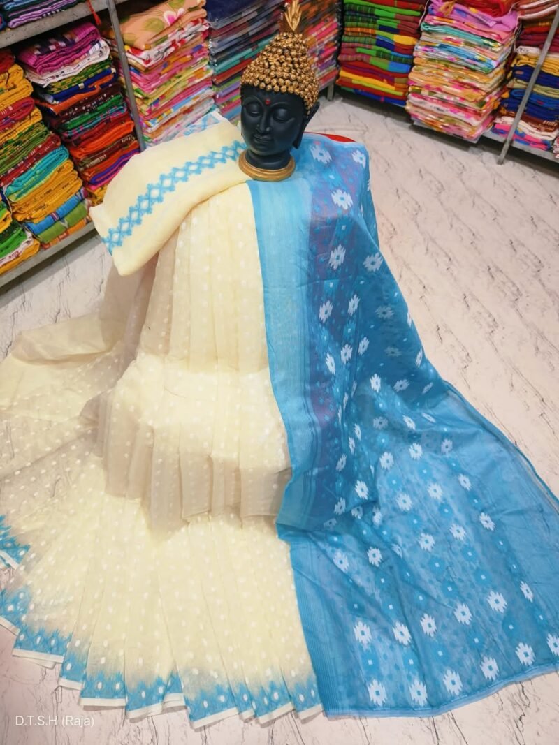 Rupnila Soft Cream Blue Jamdani Saree