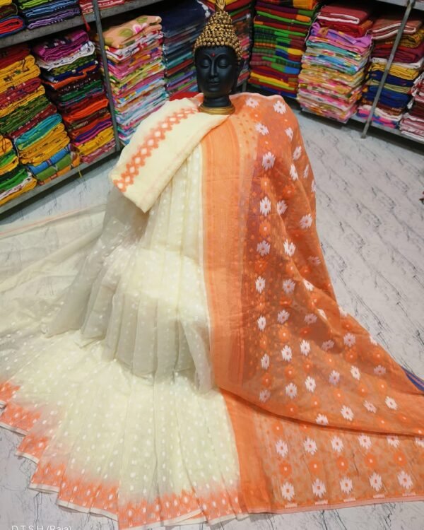Rupnila Soft Cream Orange Jamdani Saree